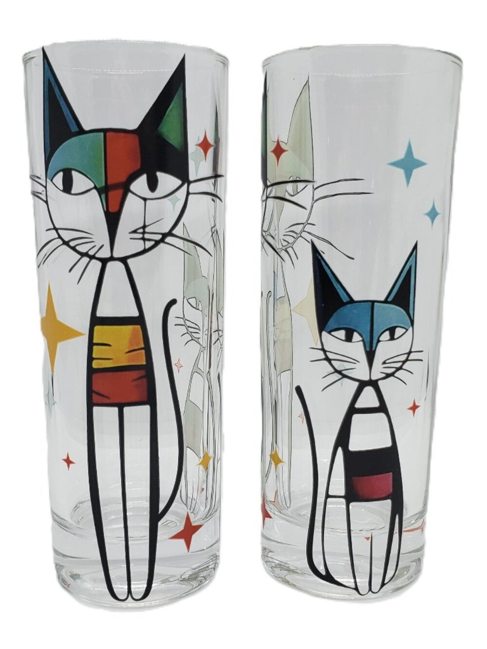 2 Retro Atomic Cat Tall Drinking Glasses 8oz MCM Cocktails Iced Tea Colorful